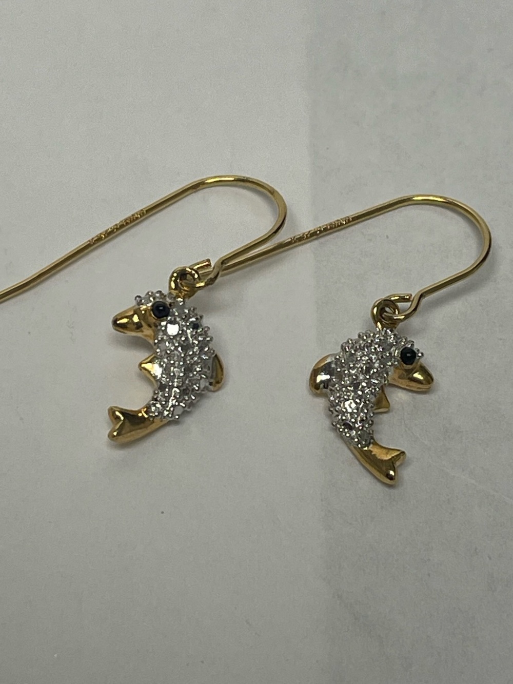 Gold Plated Sterling Dolphin Earrings Pave Encrusted Two Tone 1” Dangle